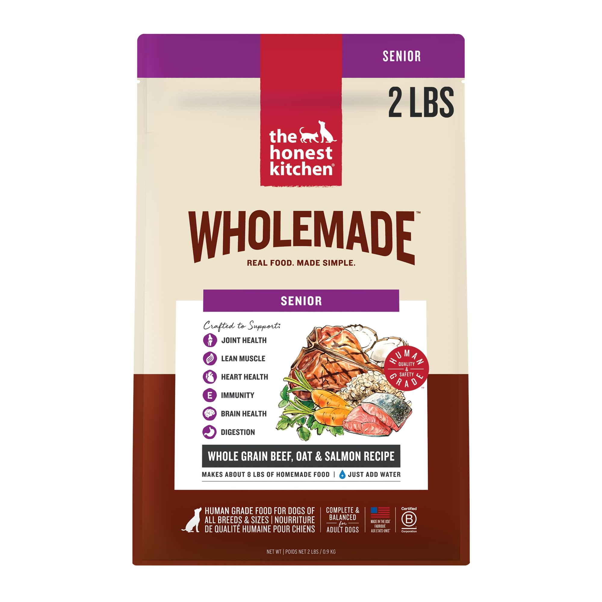 The Honest Kitchen Wholemade Senior Food packaging shows beef, oats, and salmon for senior nutrition.