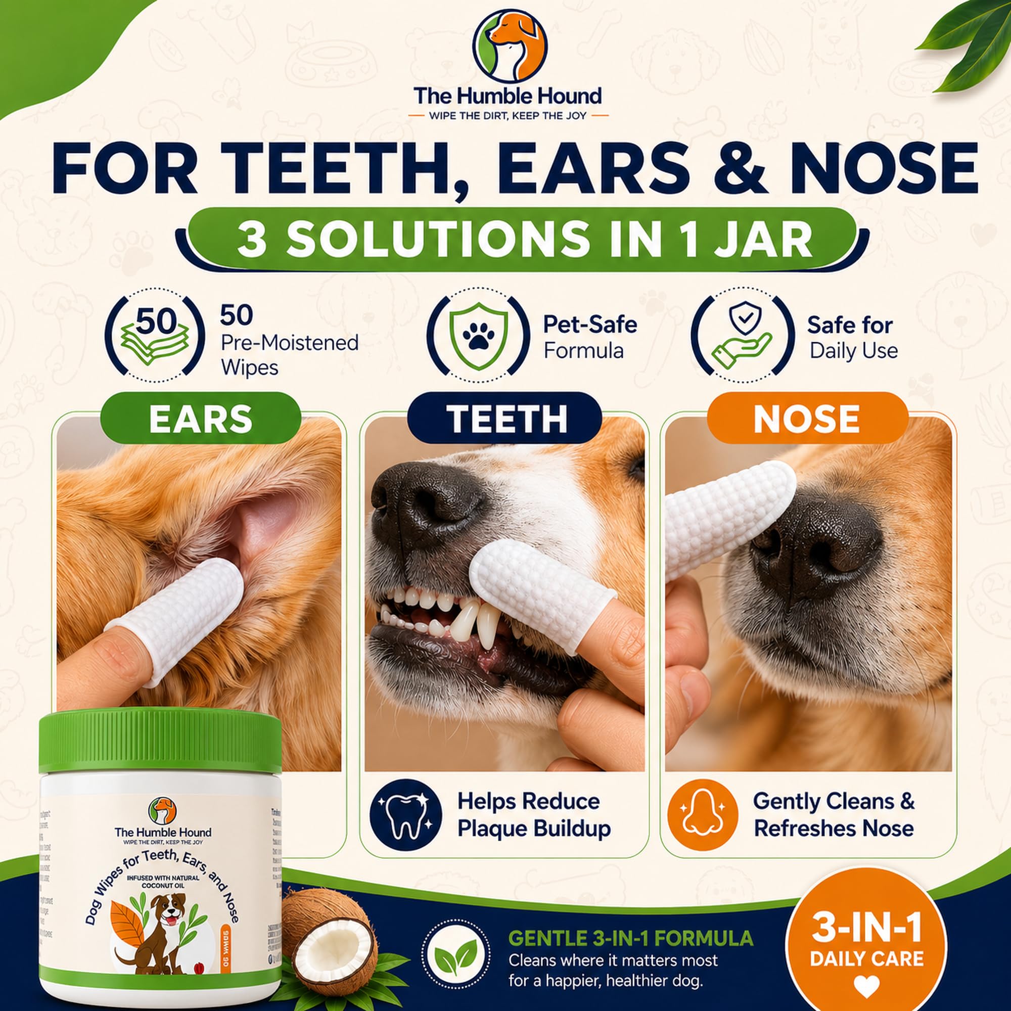 The Humble Hound finger-ears wipe for safe ear cleaning between baths.