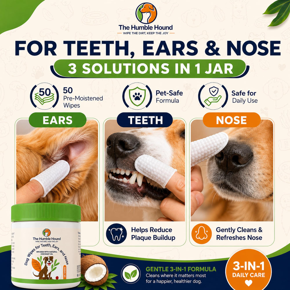 The Humble Hound finger-ears wipe for safe ear cleaning between baths.