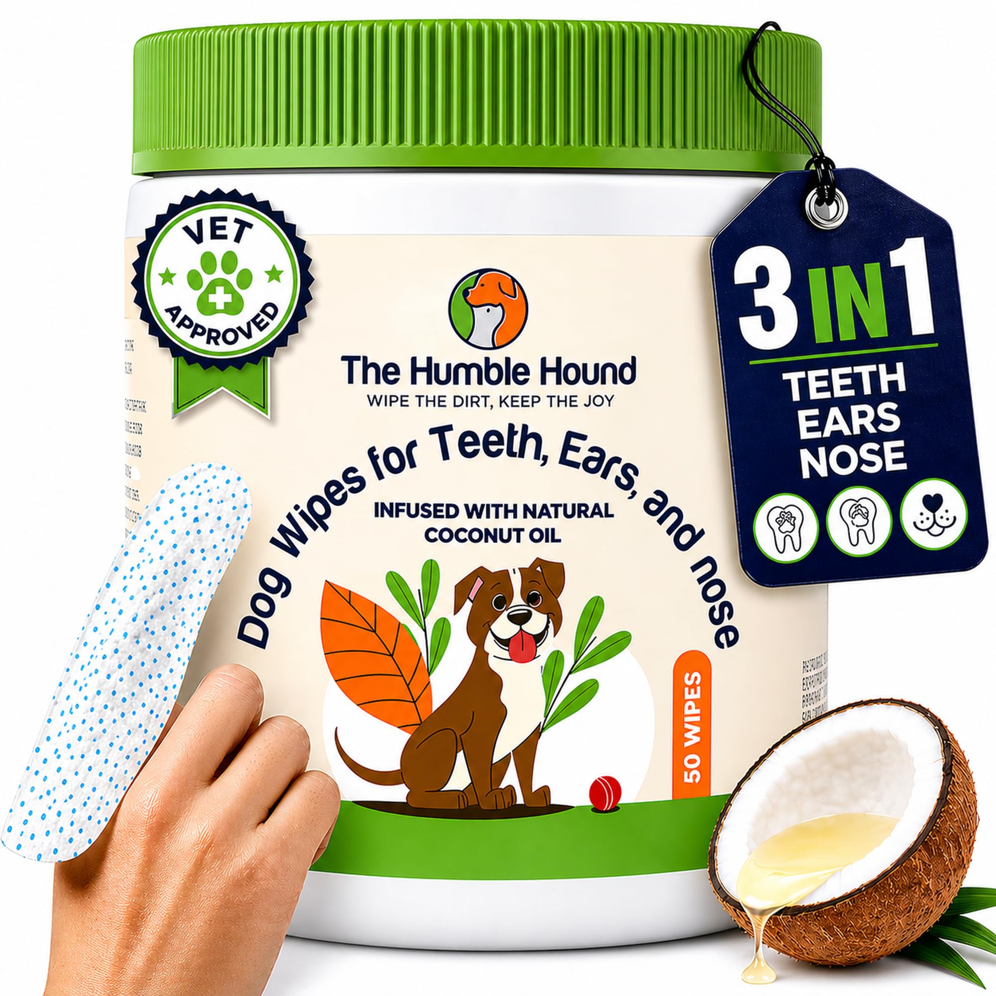 The Humble Hound finger-teeth wipe showing easy dental cleaning for better breath.