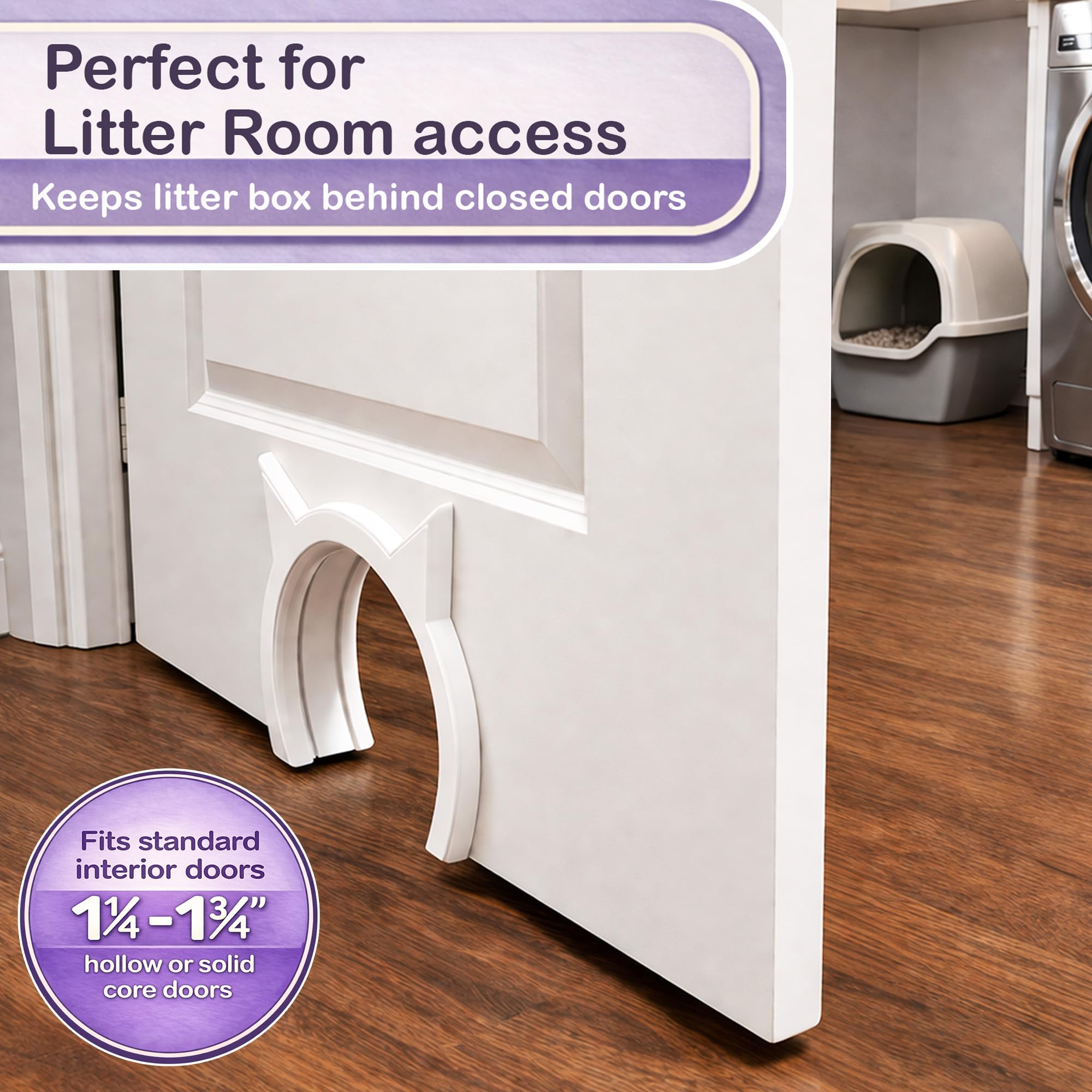 The Kitty Pass fits standard doors 1 1/4 to 1 3/4 inches thick.