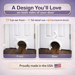 The Kitty Pass hidden litter box behind a door keeps litter out of sight.
