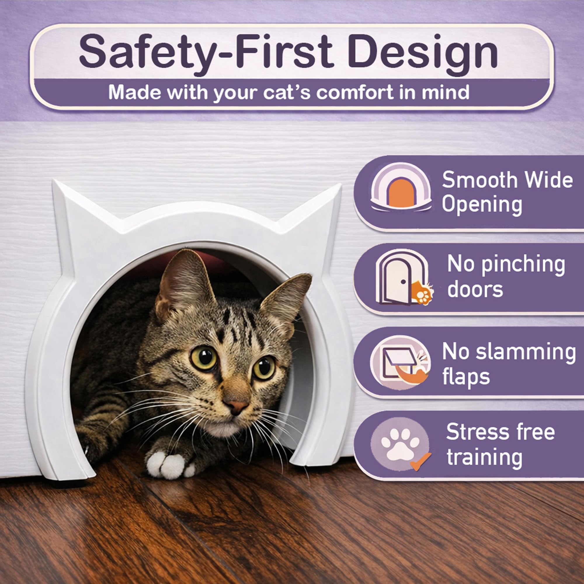 The Kitty Pass wide opening allows cats up to 21 lbs to pass safely.