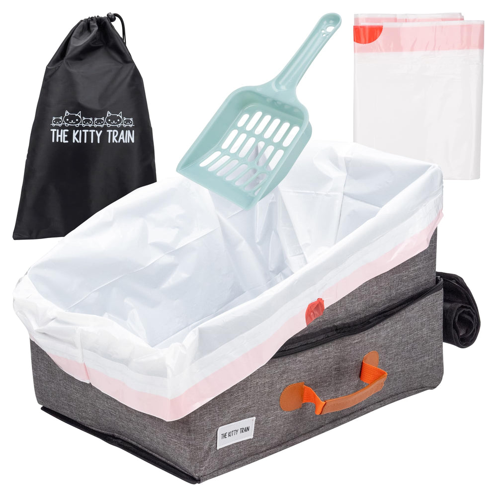 The Kitty Train travel litter box front view showing sturdy base and leak-proof lining.