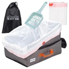 The Kitty Train travel litter box front view showing sturdy base and leak-proof lining.