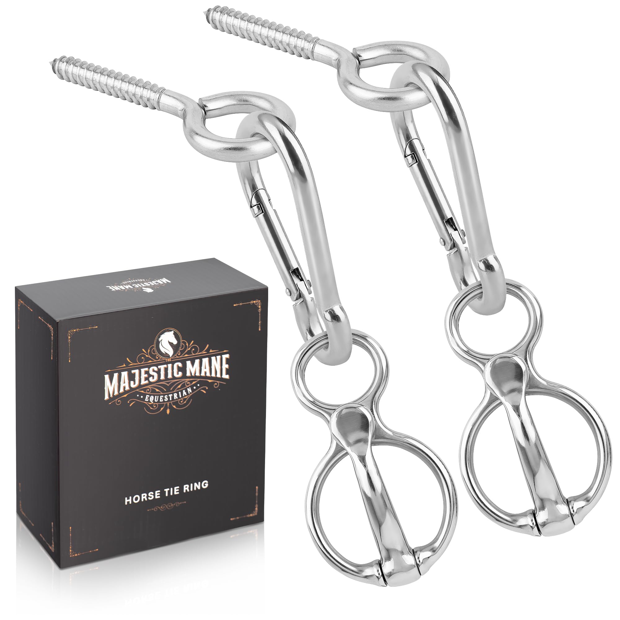 The MajesticMane horse tie ring assembly for safe tethering.