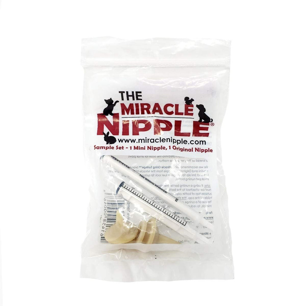 The Miracle Nipple Mini Nipple closeup illustrates tiny design ideal for newborns and toy pets.