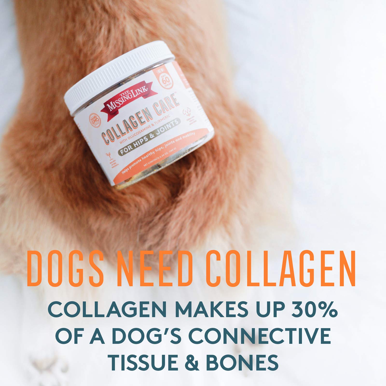 Close-up of The Missing Link Collagen Care soft chews for dog joint comfort.