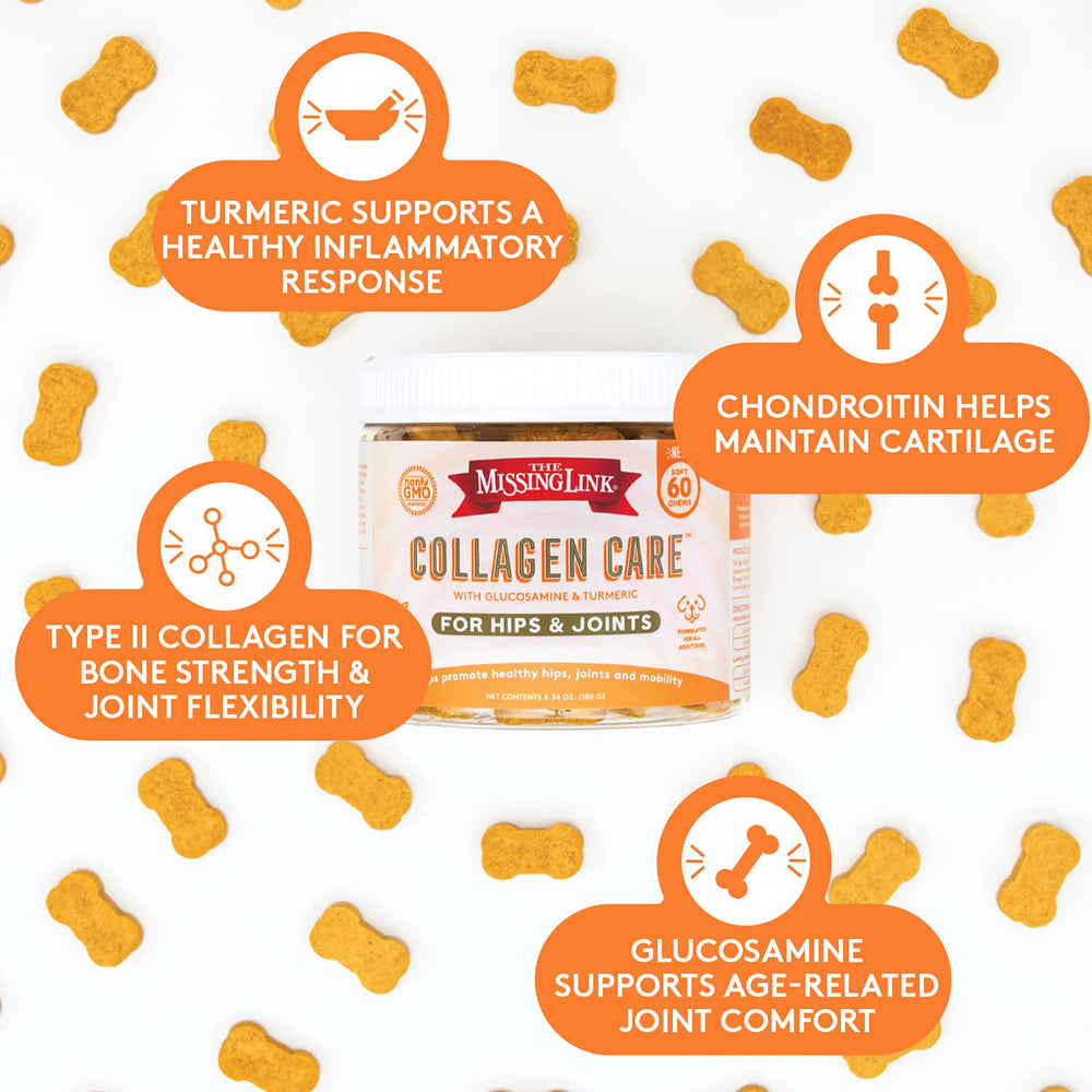 The Missing Link Collagen Care ingredients include glucosamine, chondroitin, and turmeric for joint support.