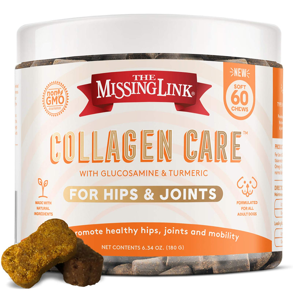 The Missing Link Collagen Care hip joint soft chews for dogs support mobility.