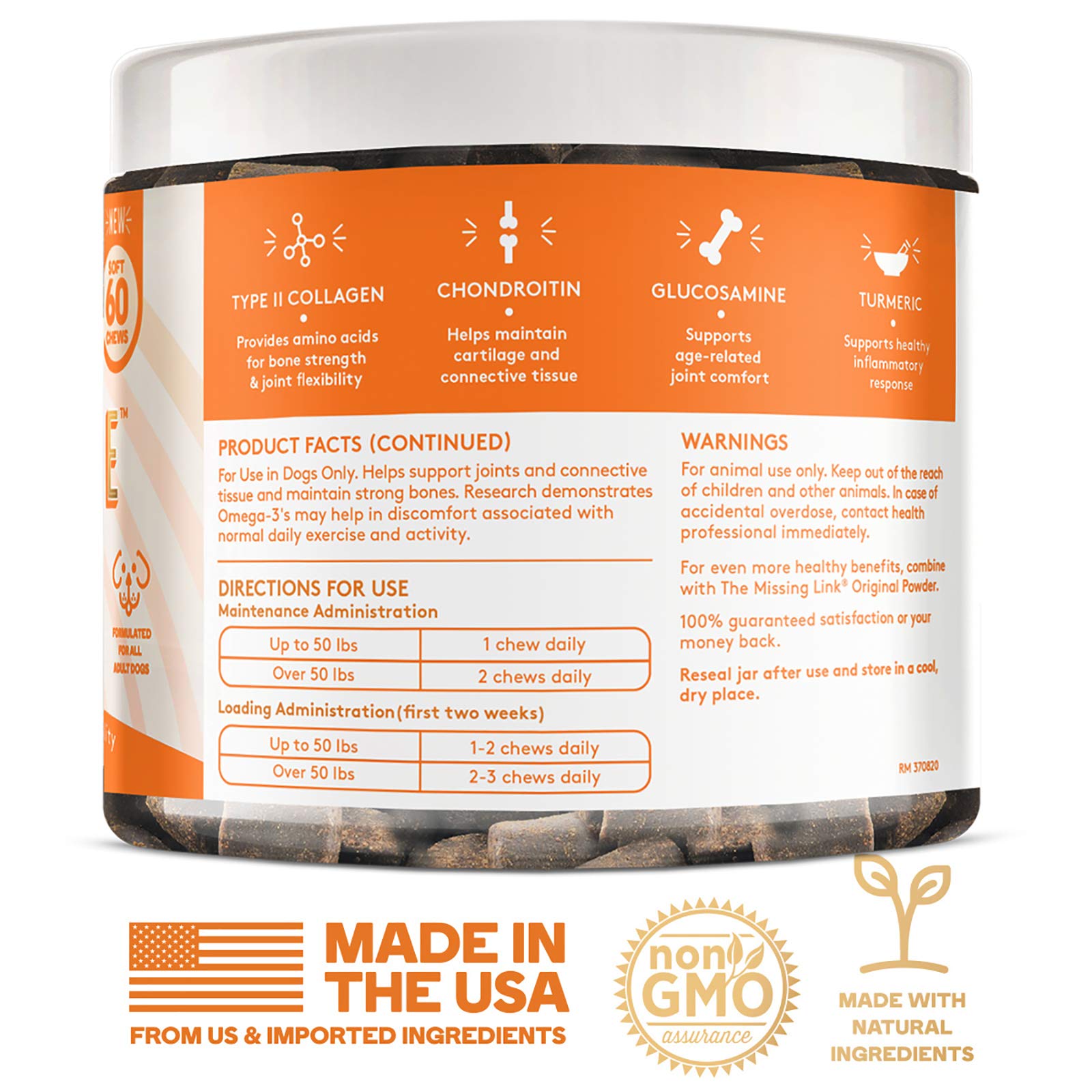 USA-made The Missing Link Collagen Care dog supplement on a kitchen counter.