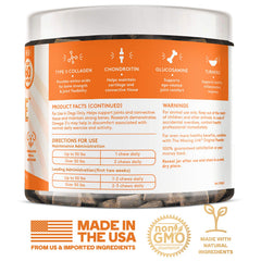 USA-made The Missing Link Collagen Care dog supplement on a kitchen counter.