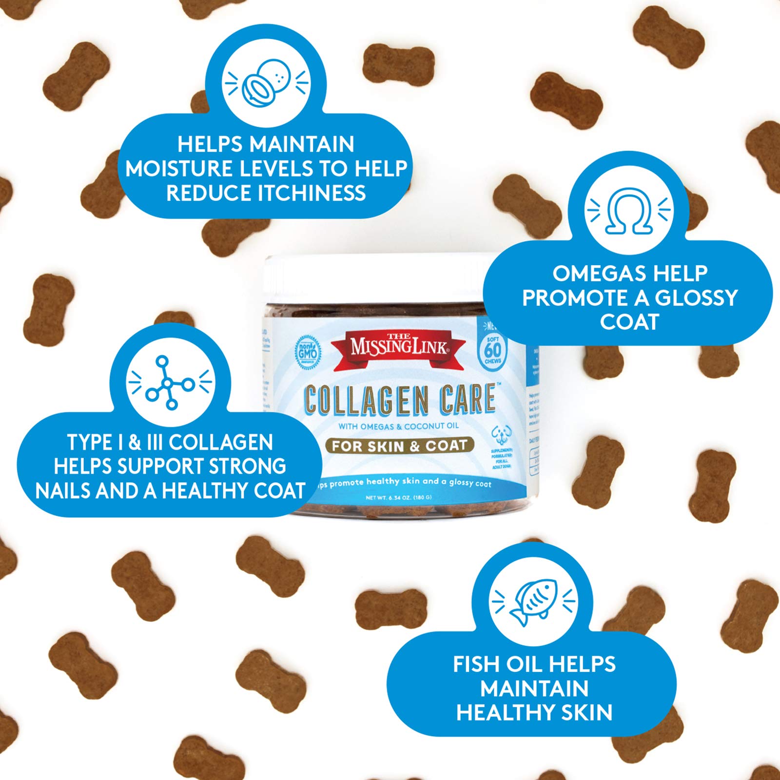 The Missing Link Collagen Care dog eating to illustrate convenient daily supplement routine.