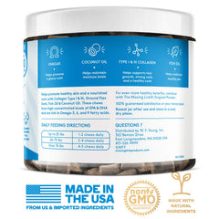 The Missing Link Collagen Care ingredients image highlighting Omegas and coconut oil for coat health.