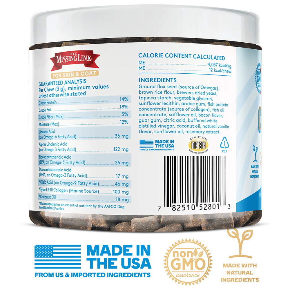 The Missing Link Collagen Care omega oil close-up showing fish oil benefits for mobility and coat.