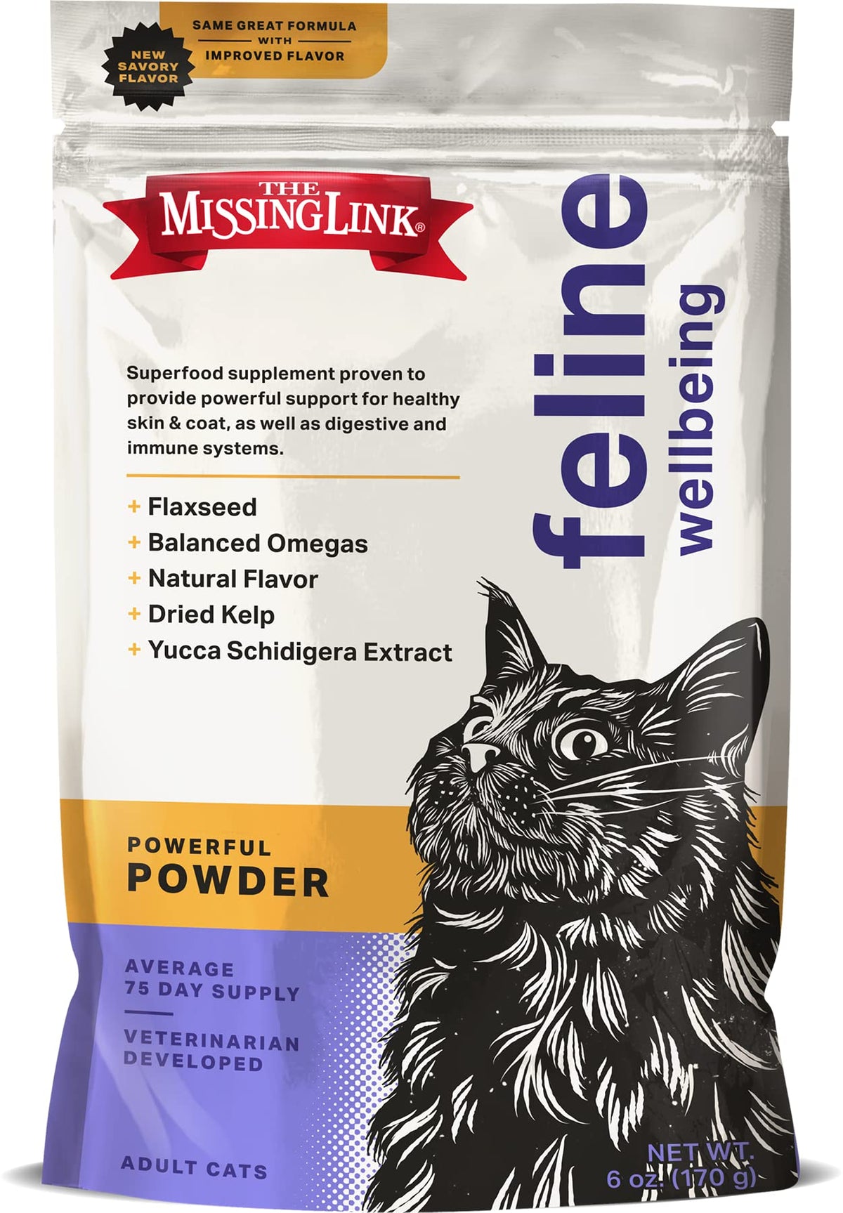 The Missing Link feline superfood bag front shows premium powder for coat and digestion