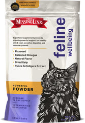 The Missing Link feline superfood bag front shows premium powder for coat and digestion
