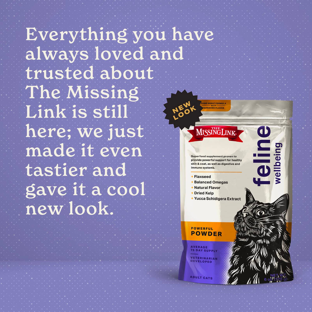 The Missing Link feline superfood in cat dish suggests tasty daily nutrition