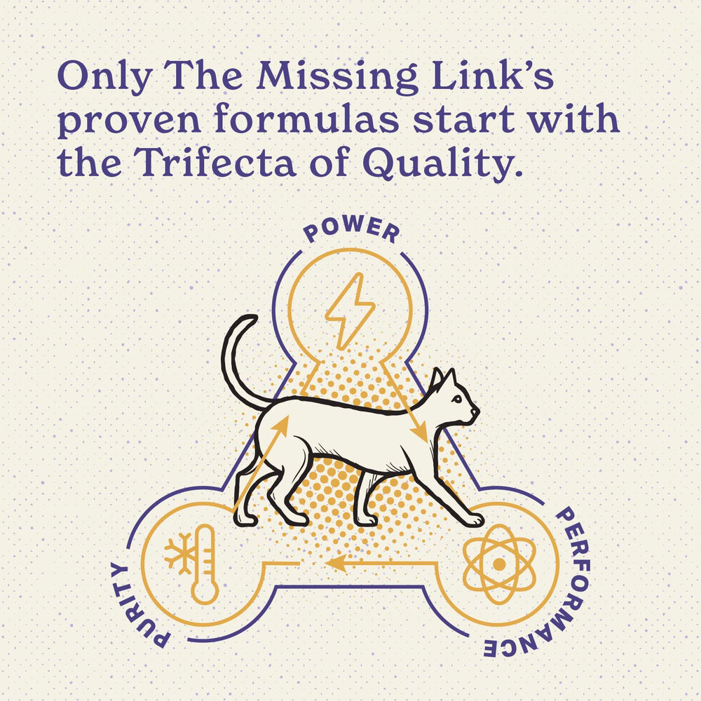 The Missing Link feline superfood label closeup emphasizes purity and cold-process nutrition