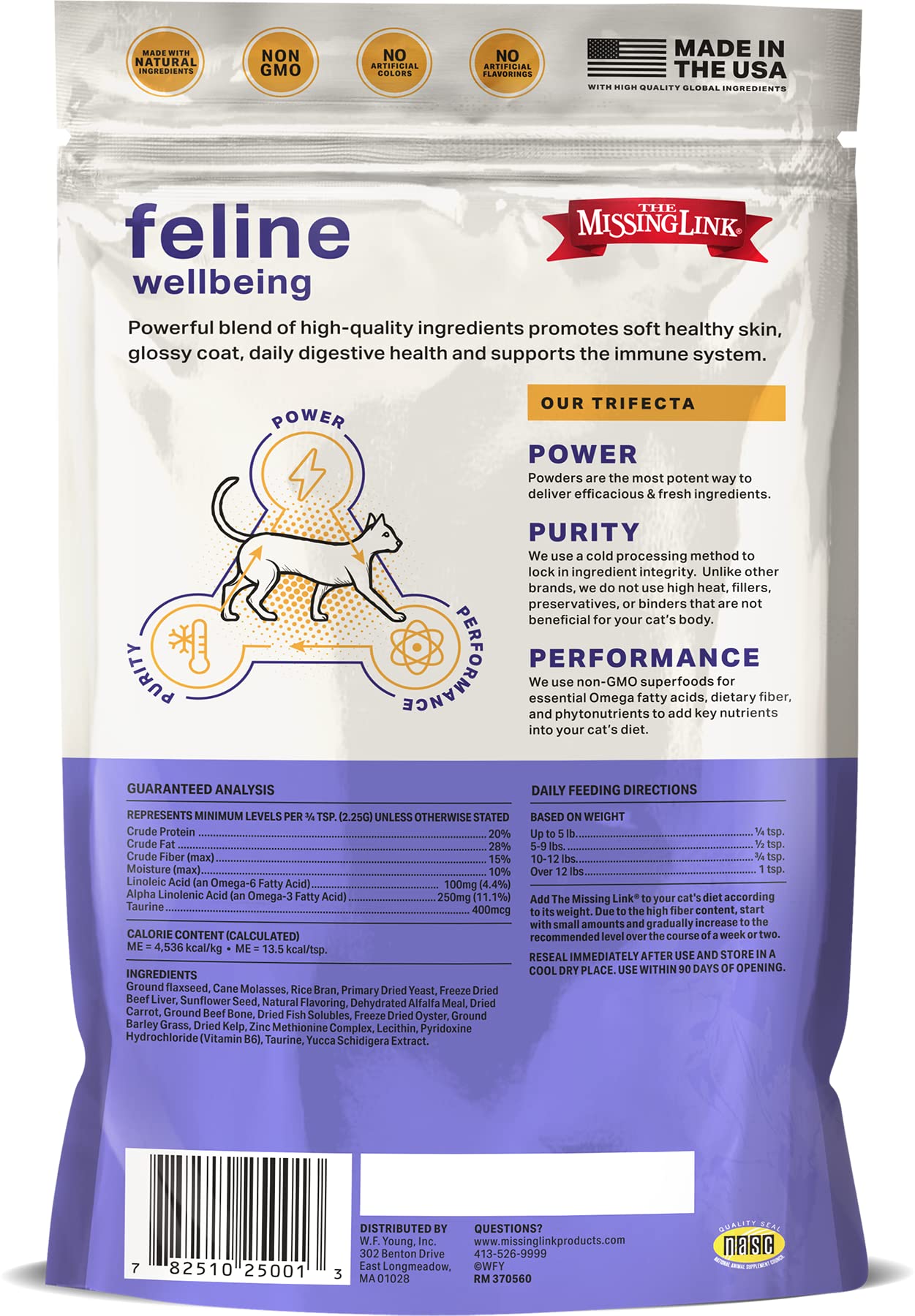 The Missing Link feline superfood powder dispense shows convenient powder-to-bowl use