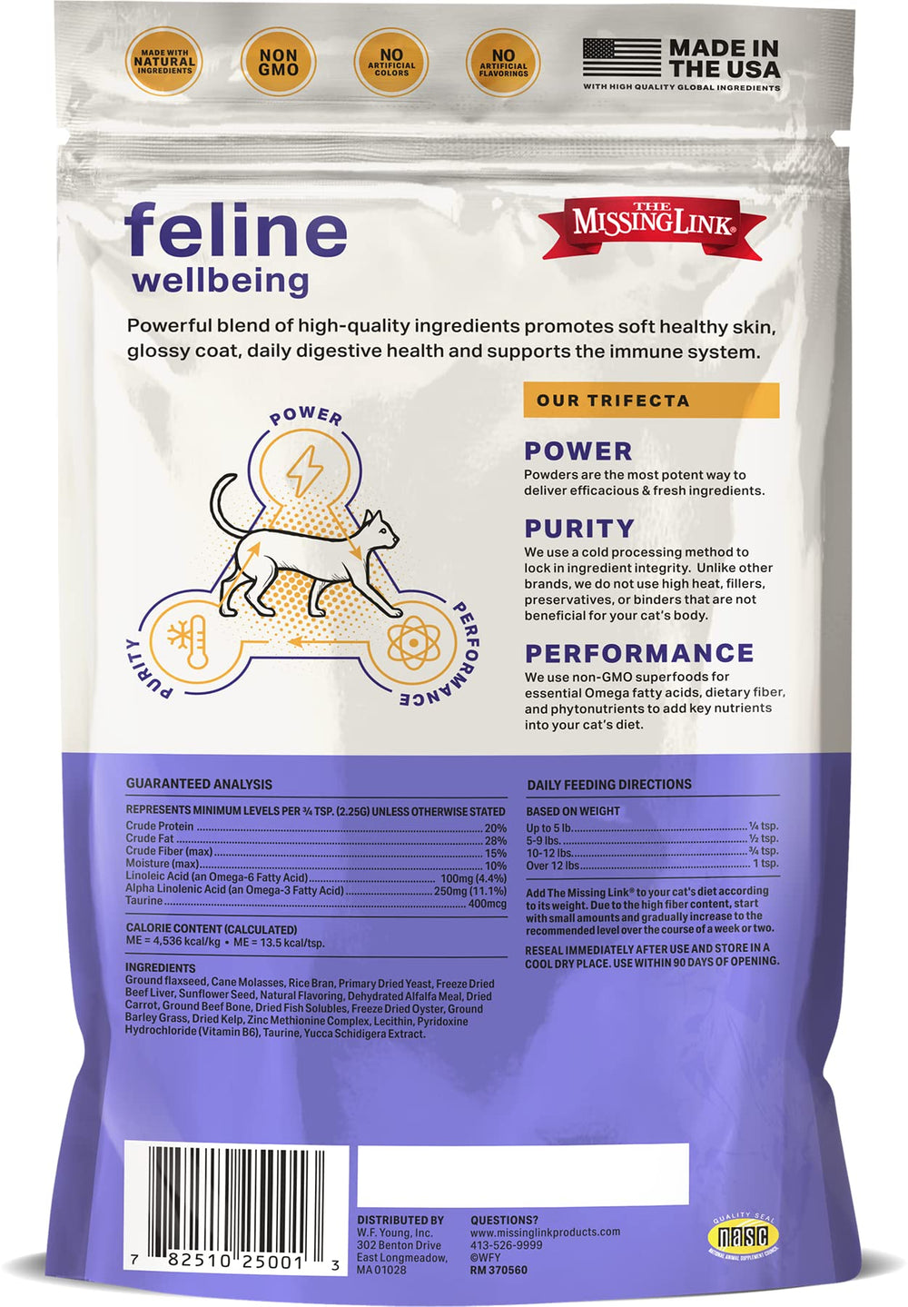 The Missing Link feline superfood powder dispense shows convenient powder-to-bowl use