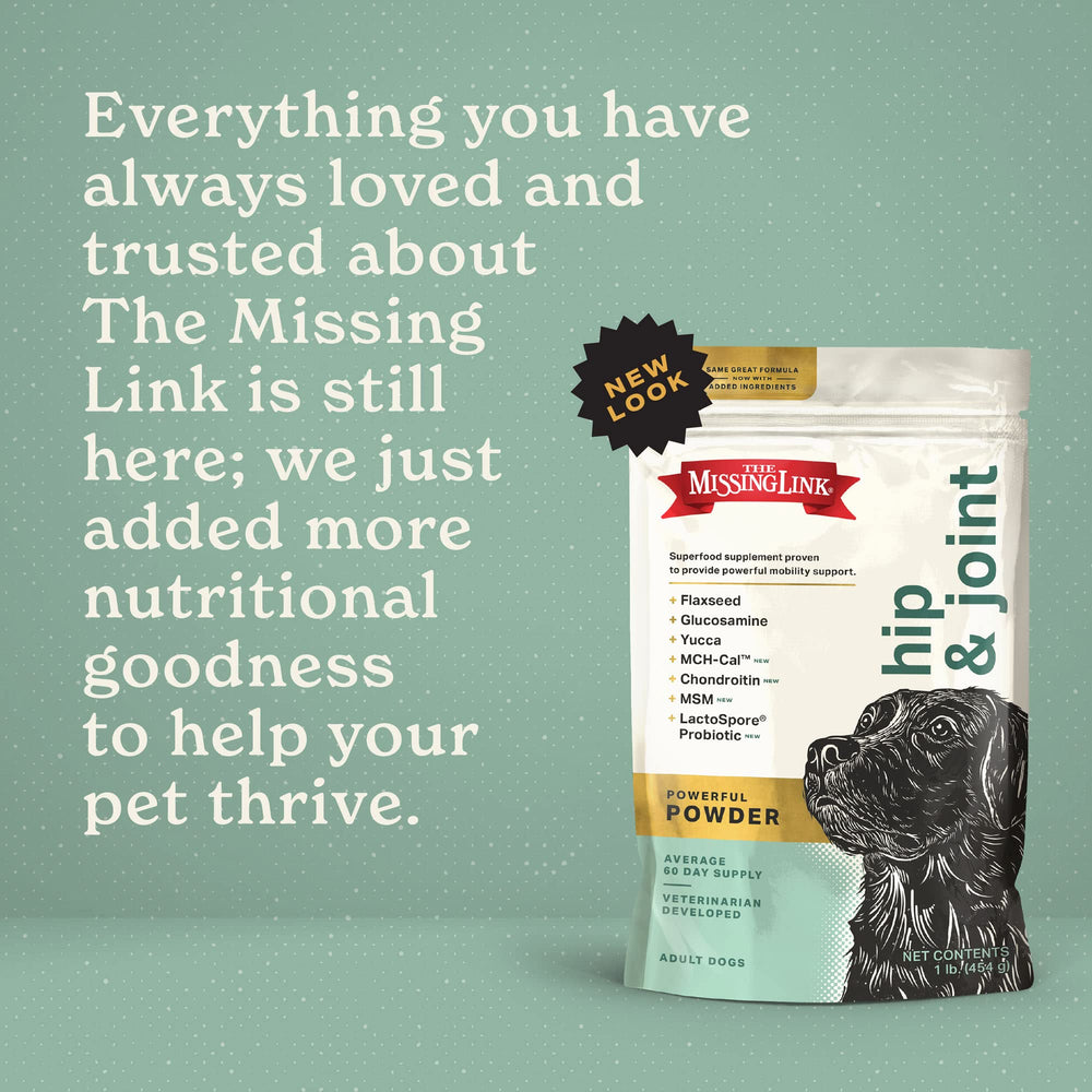 The Missing Link hip joint formula USA label emphasizes veterinarian formulation and quality.