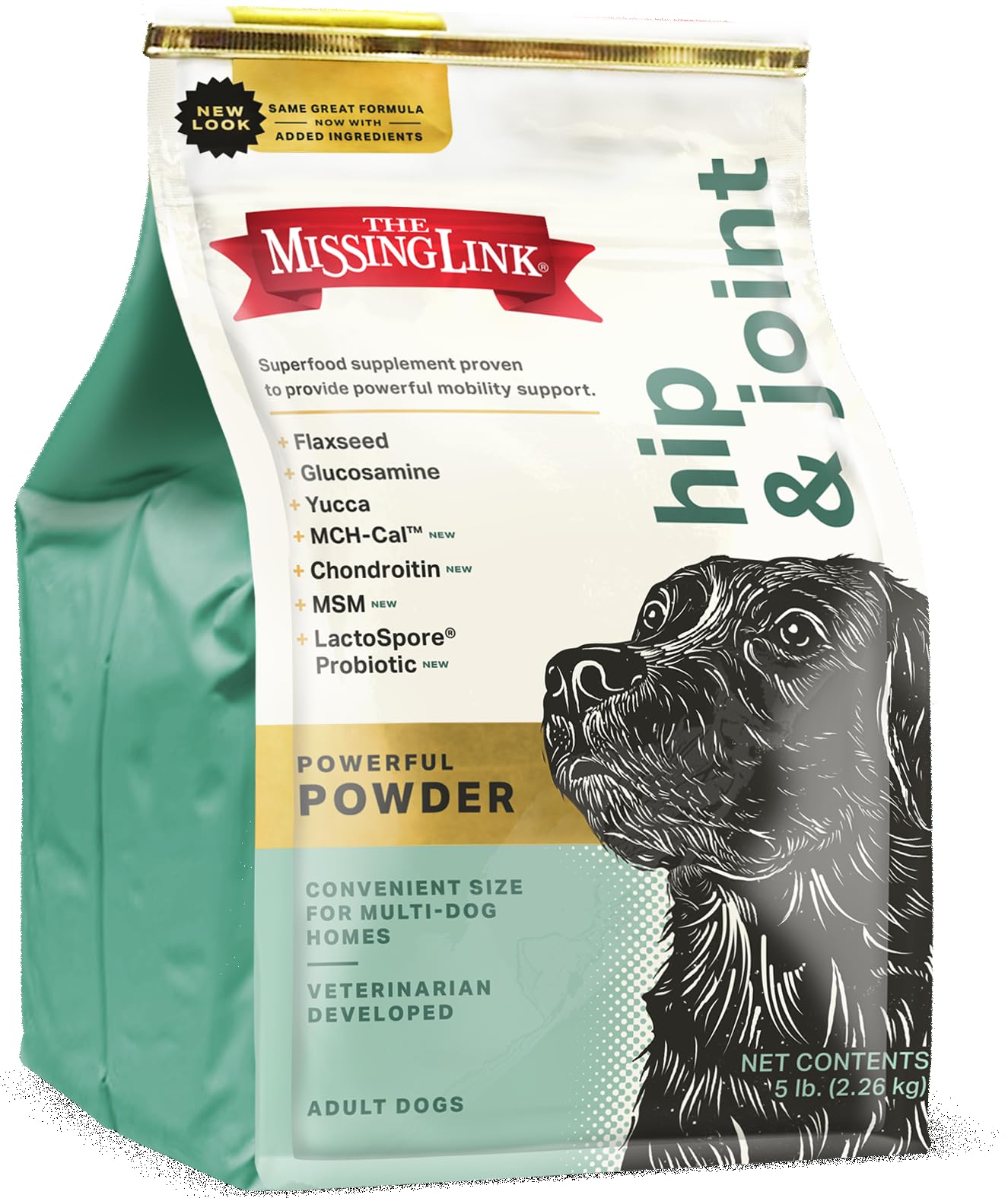 The Missing Link Hip & Joint probiotic powder in bag boosts joints and overall mobility.