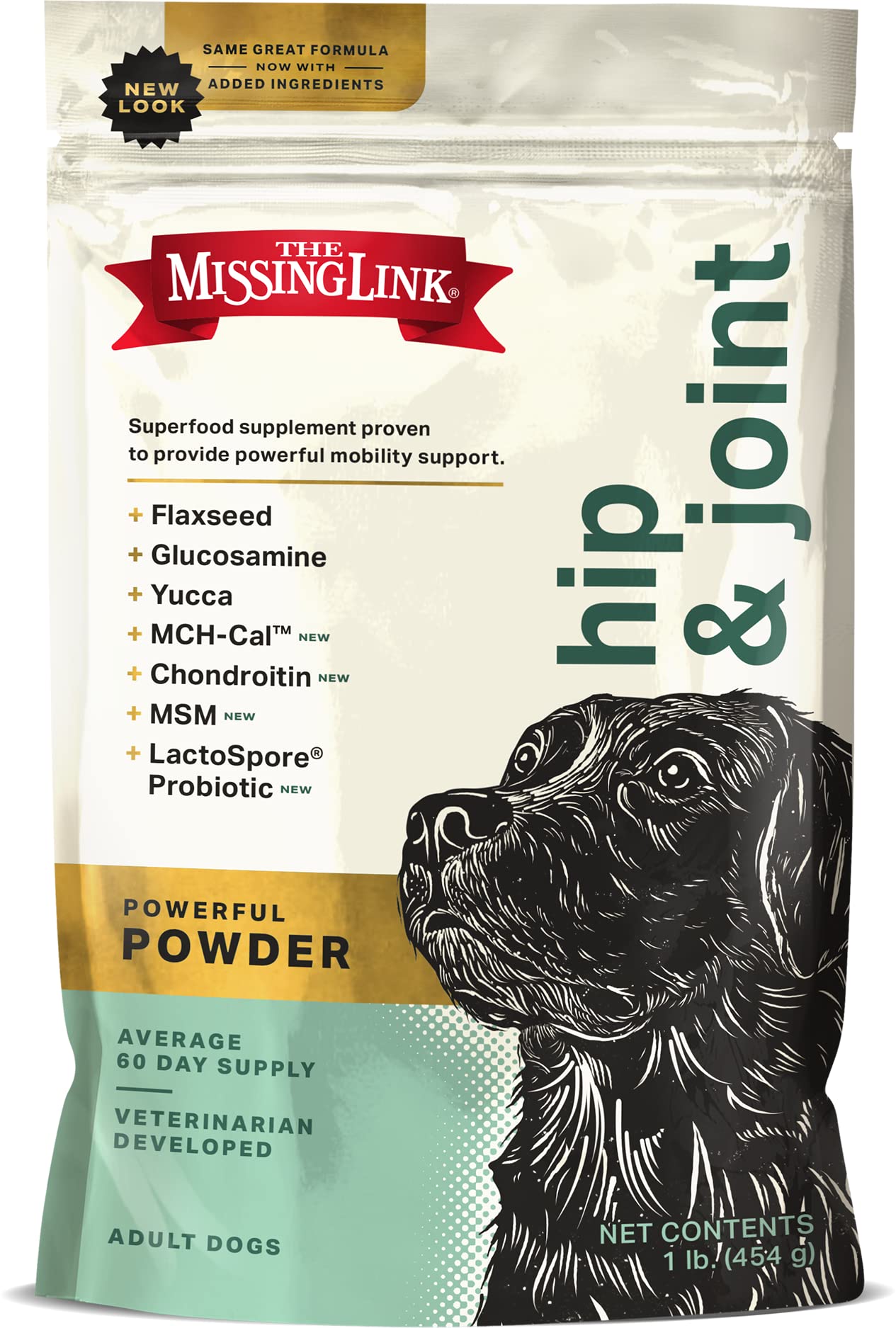 The Missing Link hip joint probiotics powder bag supports daily feeding for joint comfort.