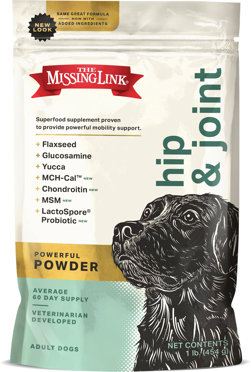 The Missing Link hip joint probiotics powder bag supports daily feeding for joint comfort.