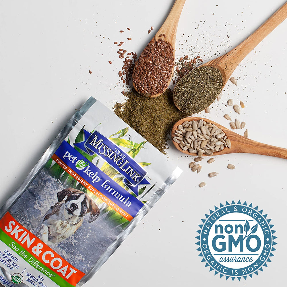The Missing Link Kelp powder sprinkled on dog meals for daily nourishment.