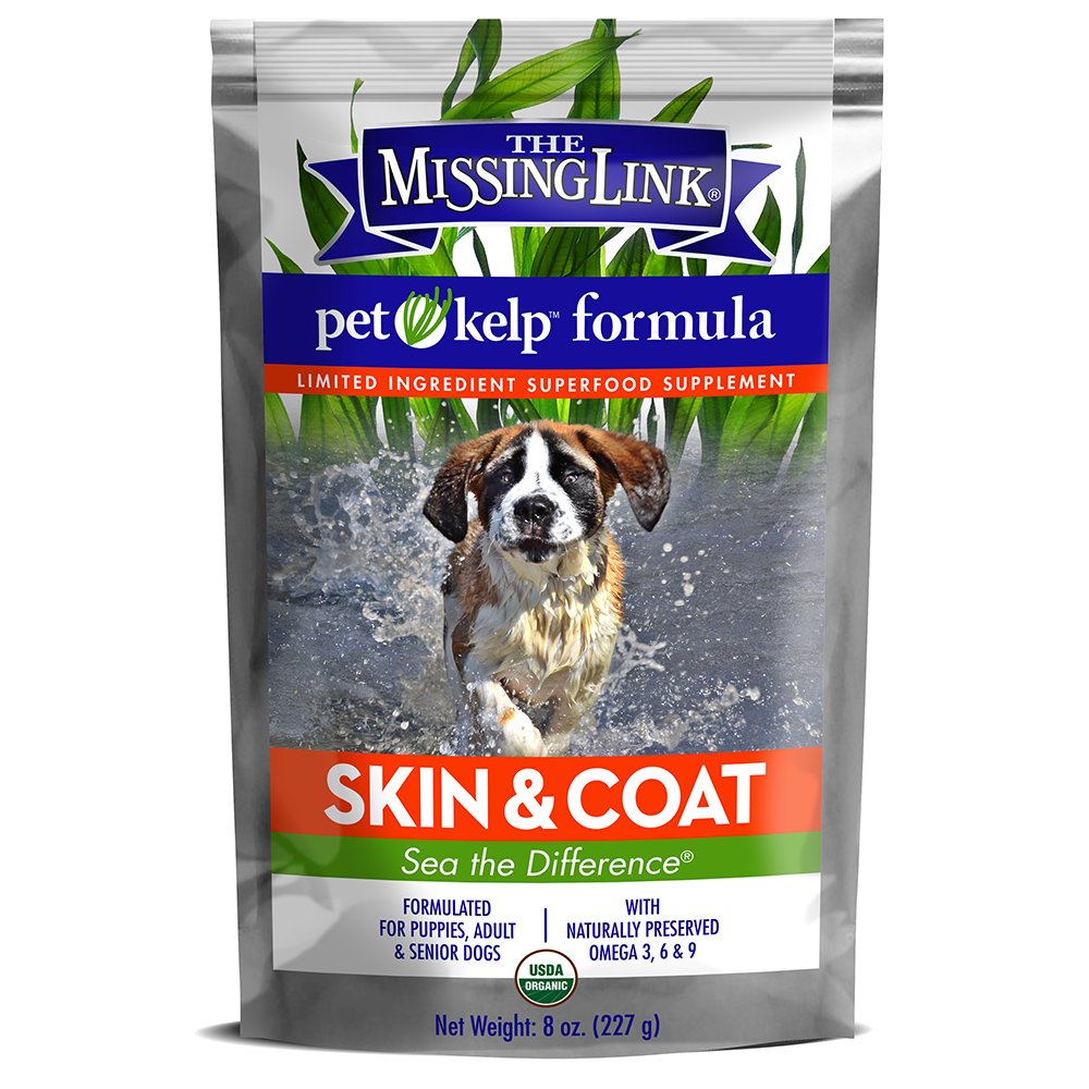 Organic kelp and flaxseed blend image highlighting balanced omegas for dogs.