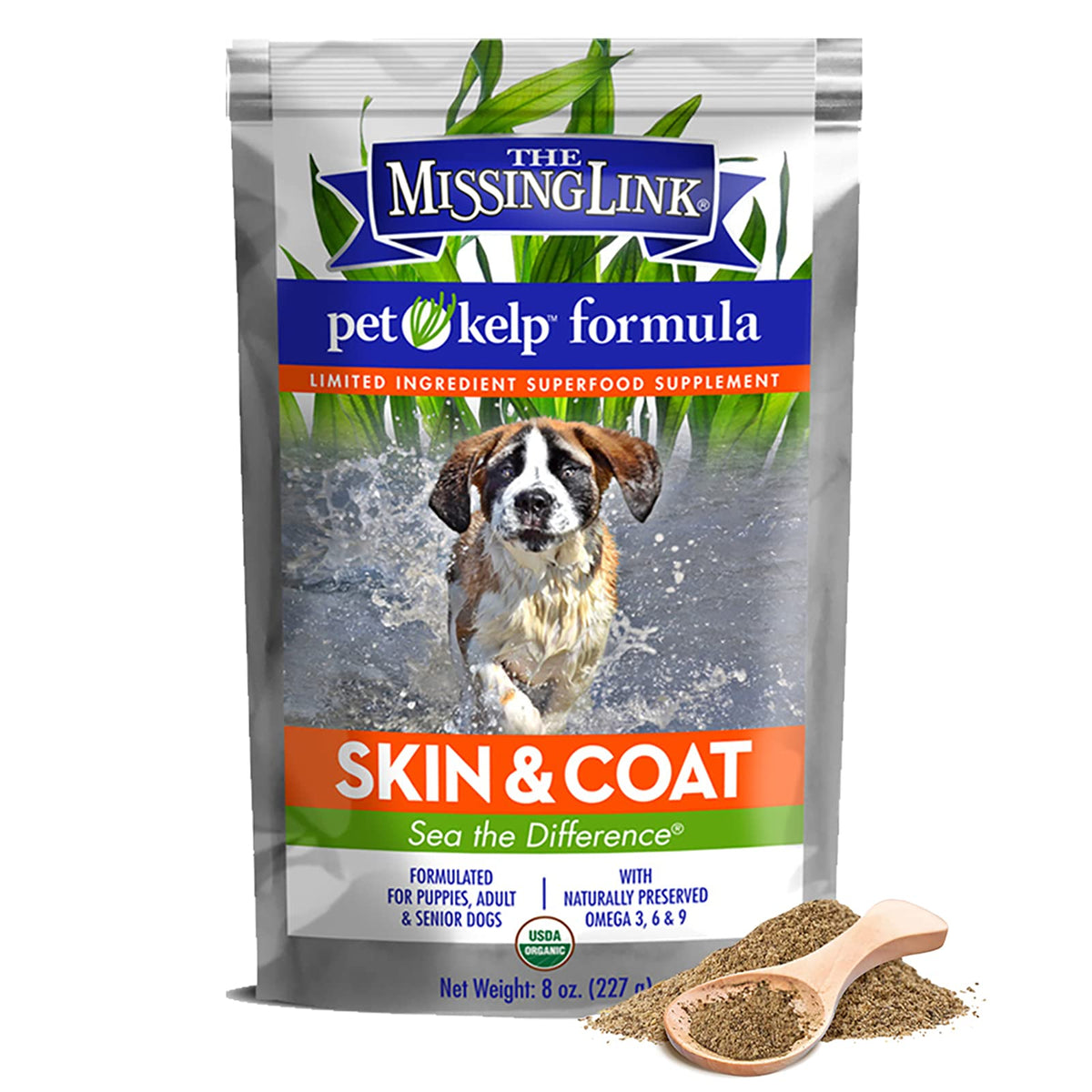 The Missing Link Kelp Canine powder in a bowl supports healthy skin and coat.