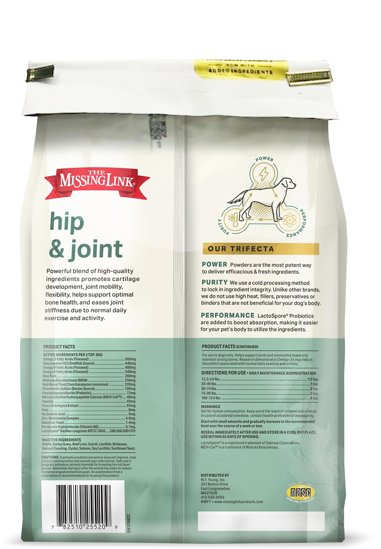 The Missing Link powder mixed into dog food supports mobility during meals.