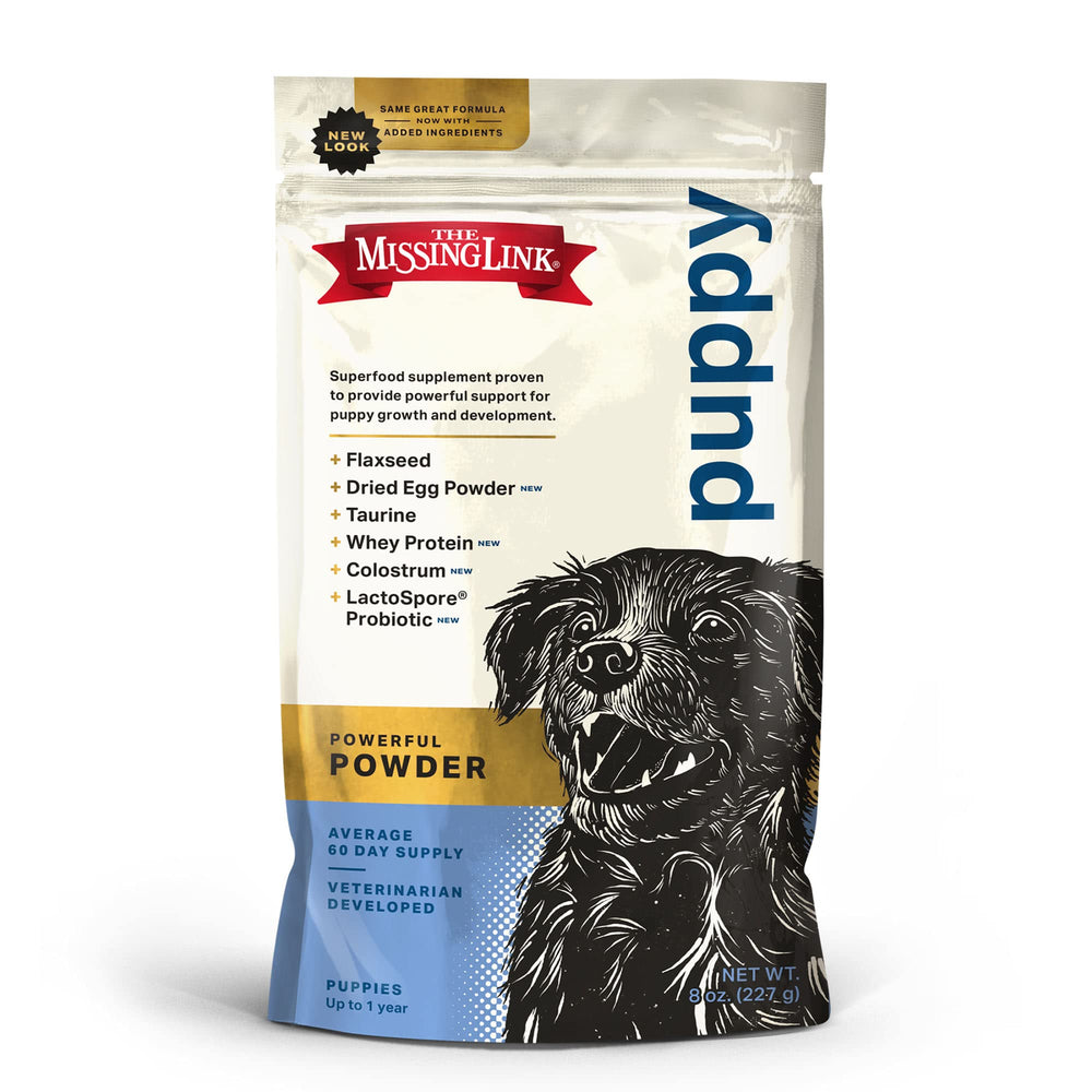 The Missing Link puppy-supplement bottle shows growth support.