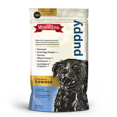 The Missing Link puppy-supplement bottle shows growth support.