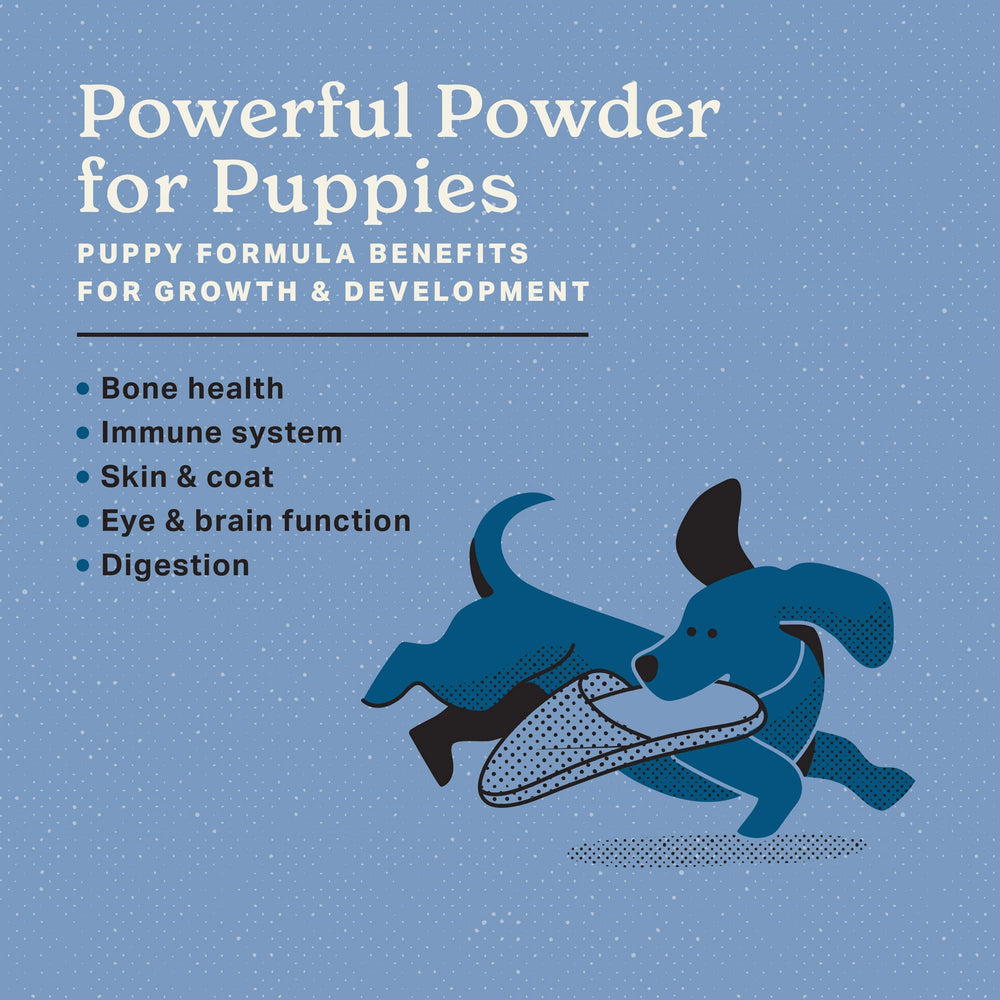 The Missing Link puppy-supplement powder pours over meals.