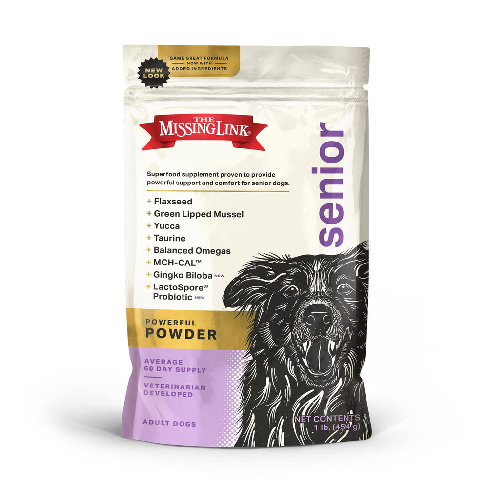 The Missing Link Senior Dog Supplement 1lb tub front supporting joints and bone health for aging dogs