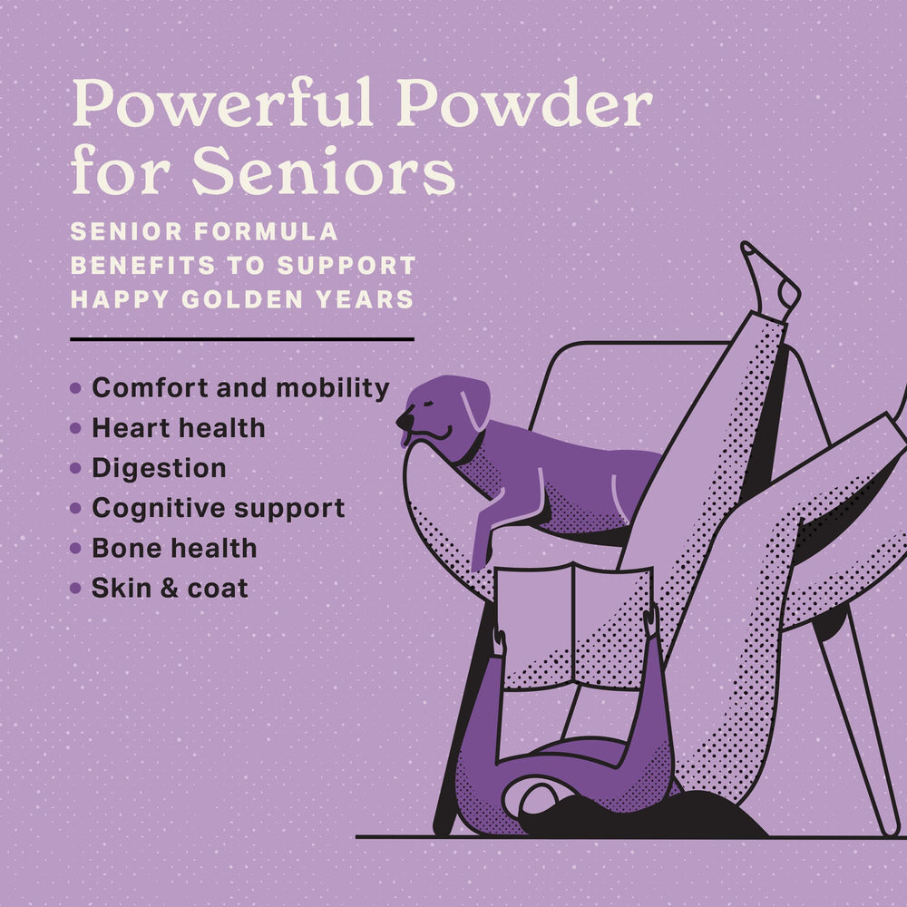 The Missing Link Senior Dog Supplement ingredient panel highlighting probiotics and nutrients for digestion and vitality