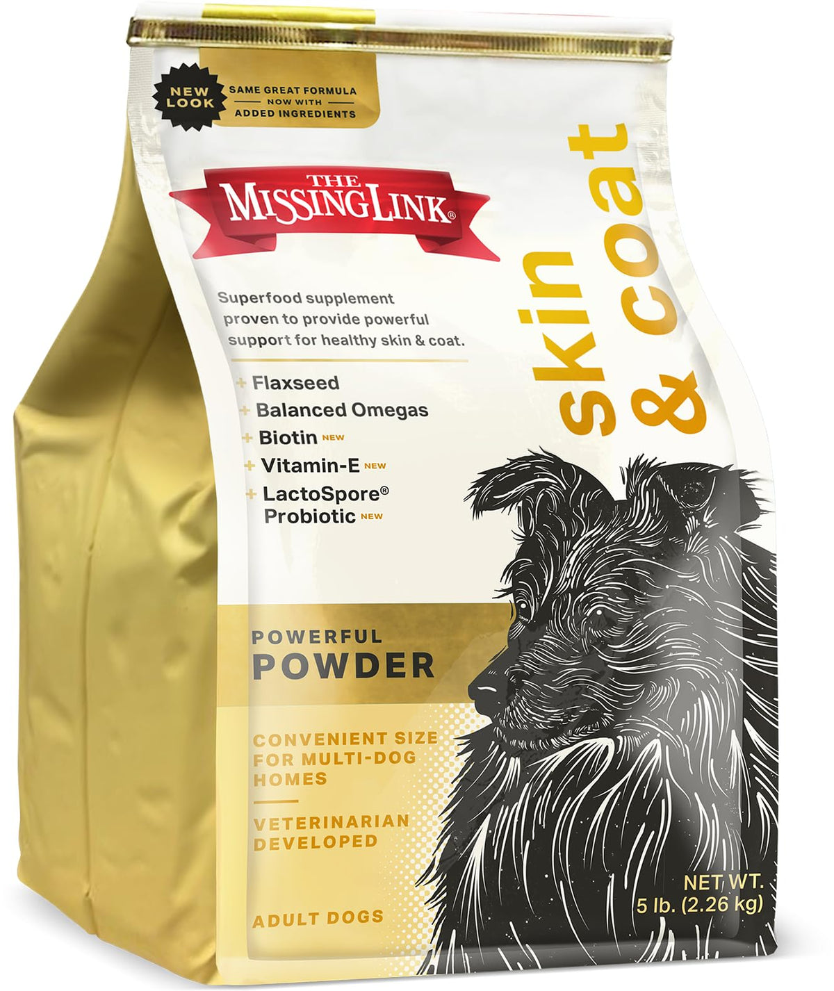 The Missing Link Skin & Coat Probiotics bag front showing premium pet supplement for healthy coat