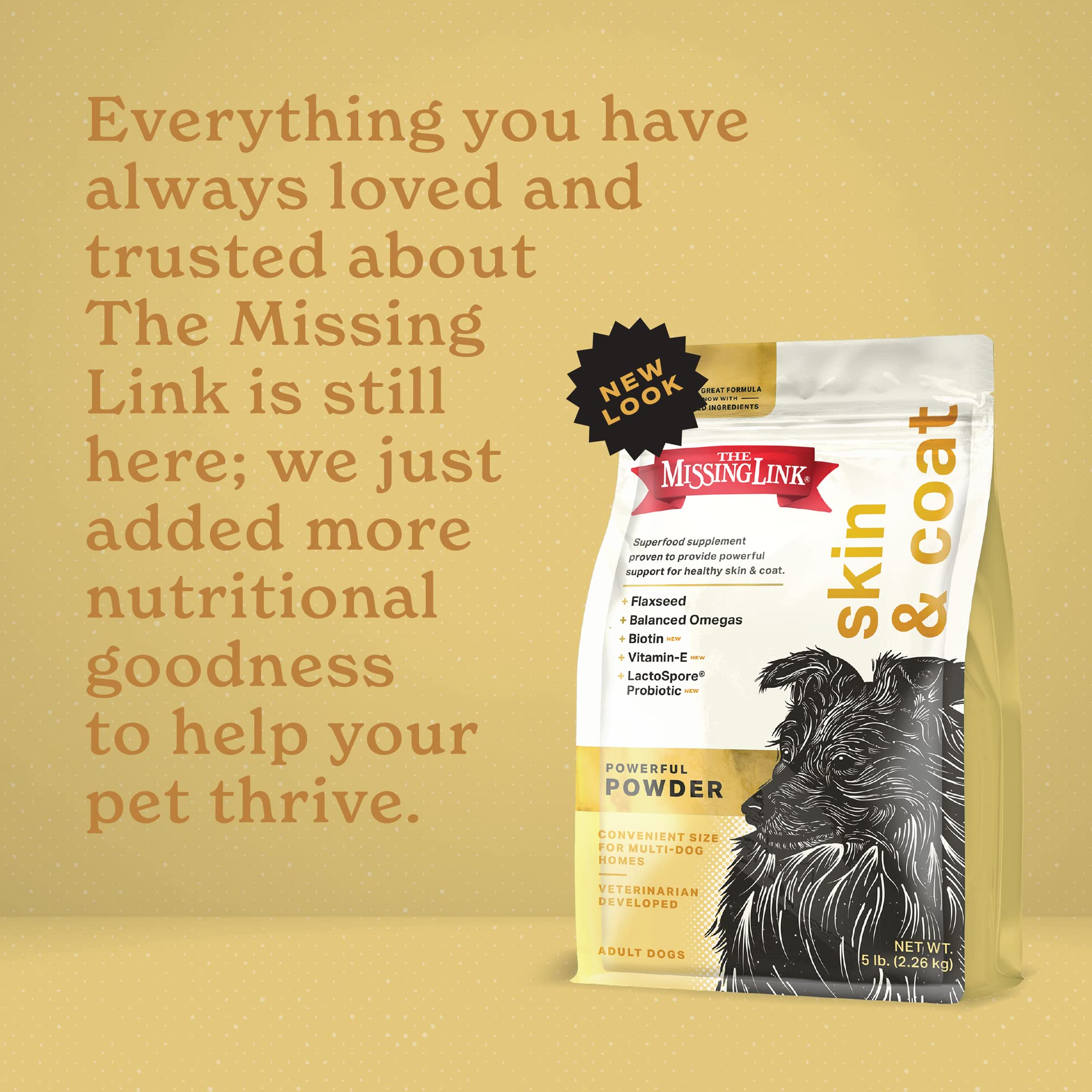 The Missing Link dog coat shine visual suggests healthier-looking fur
