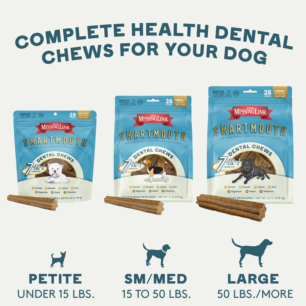 The Missing Link Smartmouth dental chew gluten-free label for sensitive digestion.