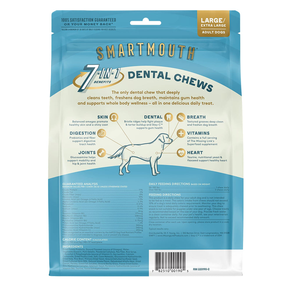 The Missing Link Smartmouth dental chew large-dog serving supports daily nutrition.