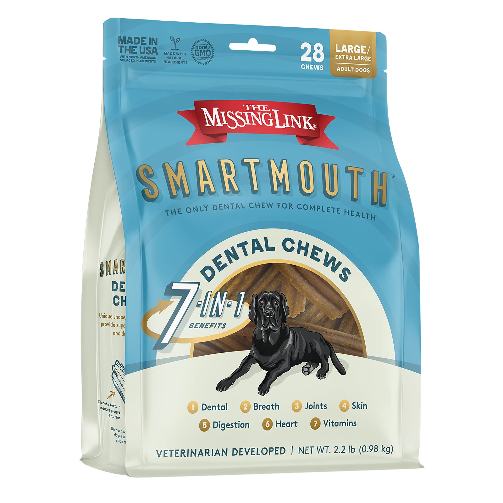 The Missing Link Smartmouth dental chew packaging promotes convenient daily dental care for large dogs.