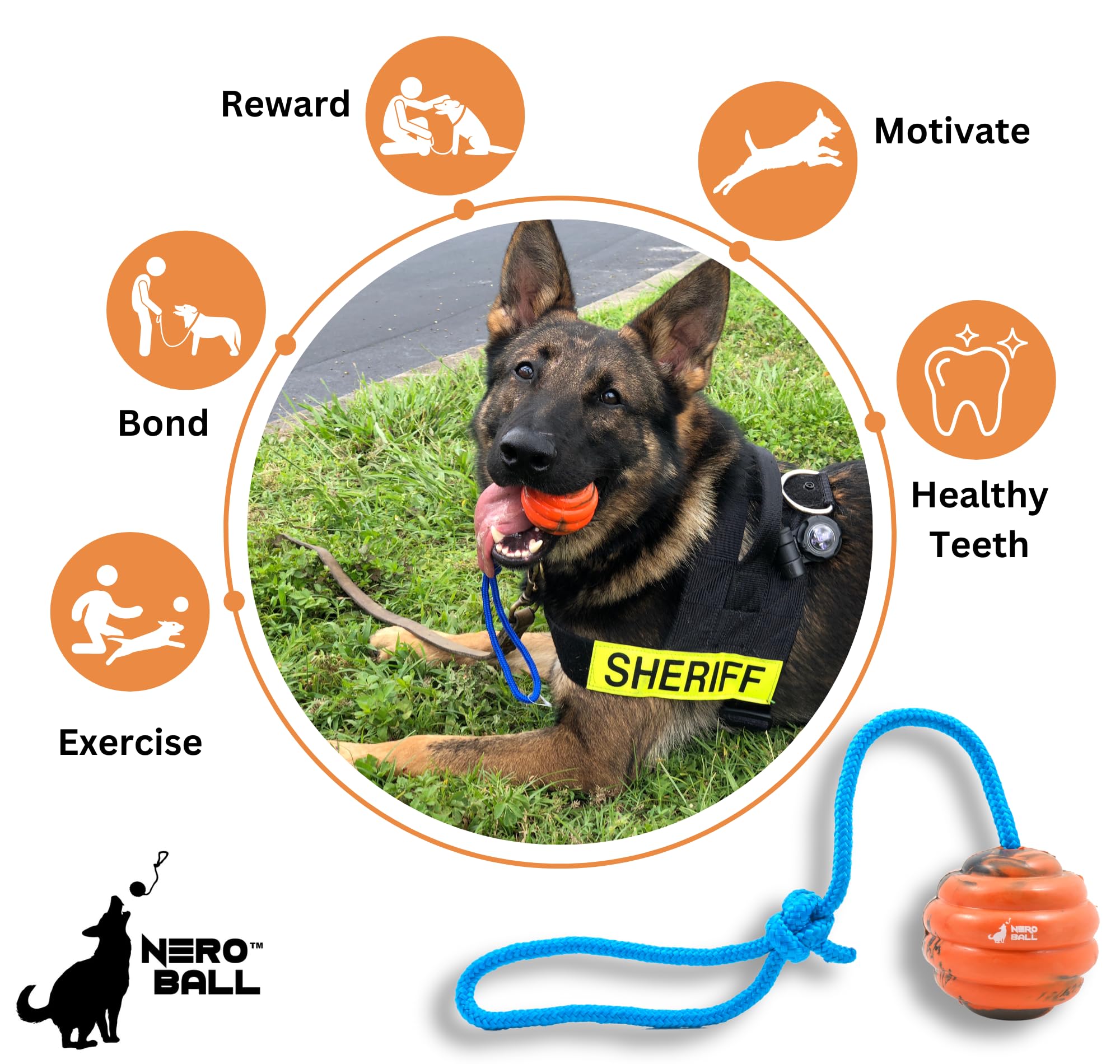 Nero Ball Pro long-range throw rope supports extended play areas.