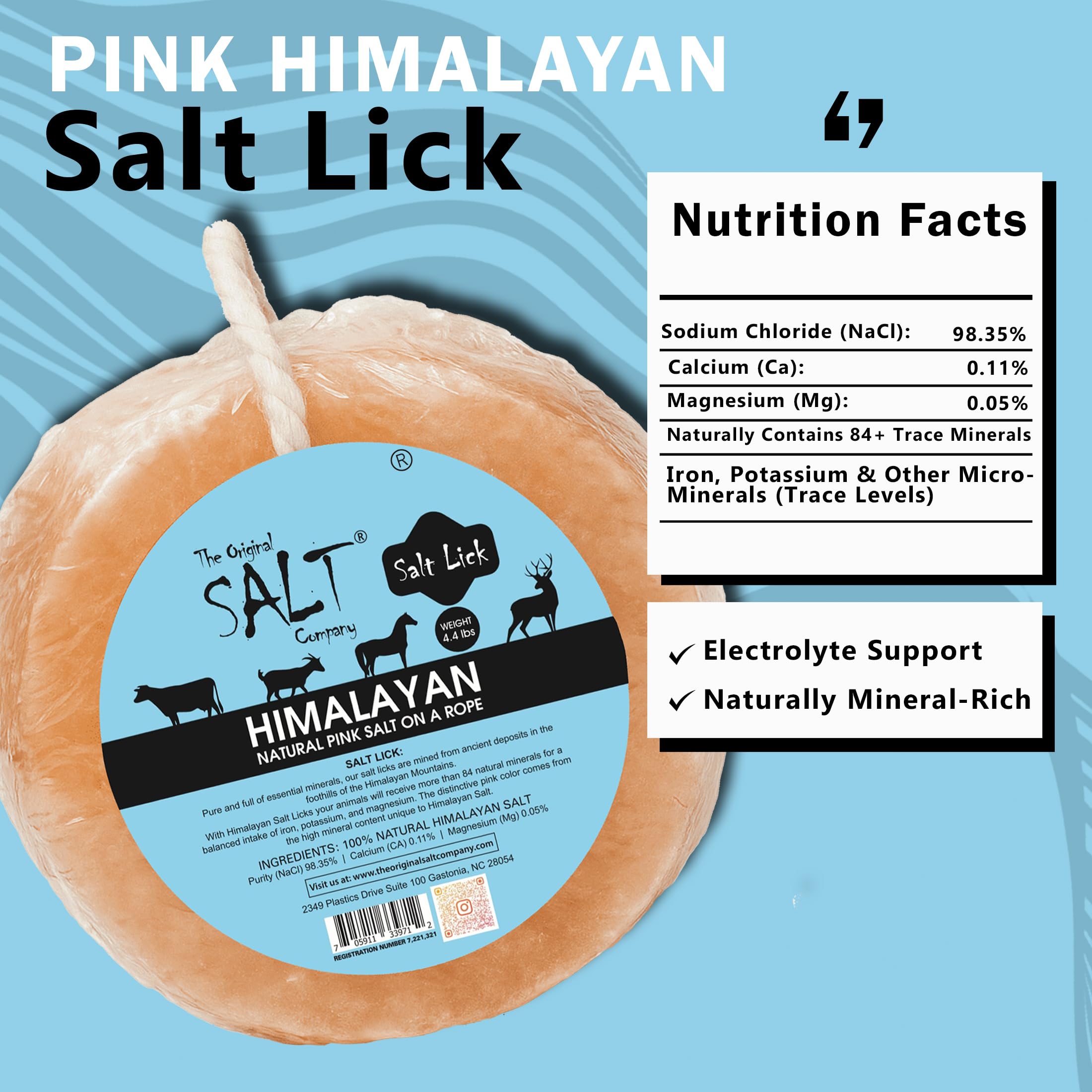 The Original Salt Company salt block as a natural mineral source for hydration.