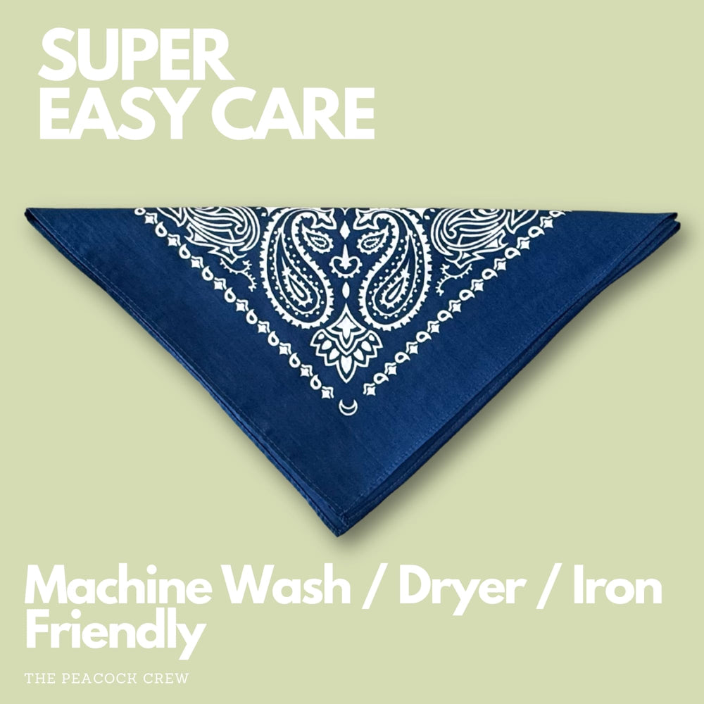 The Peacock Crew easy-care bandana stays bright after washing.