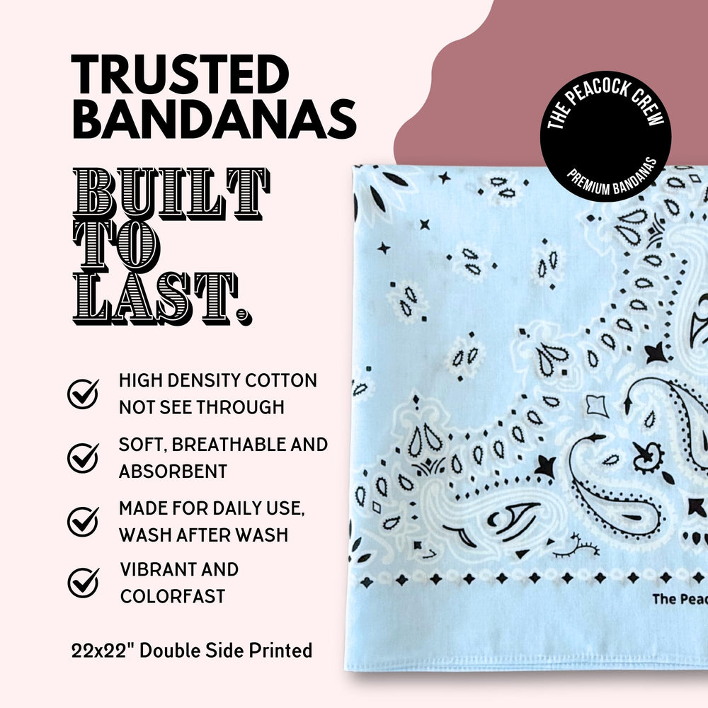 The Peacock Crew durable cotton bandana for repeated use during hikes and outdoor activities.