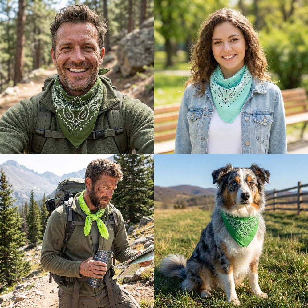 The Peacock Crew Greens golf green bandana as a neck wrap option