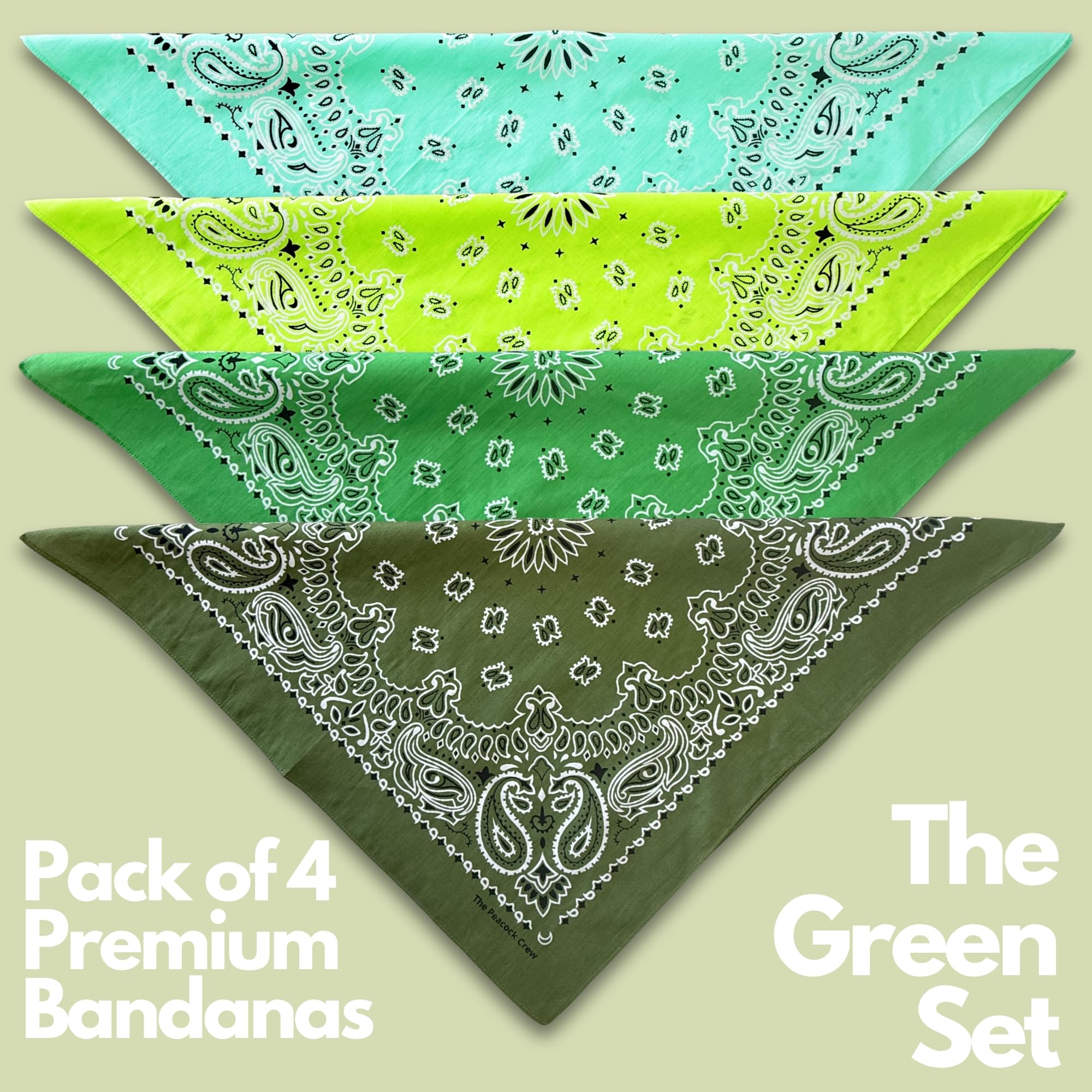 The Peacock Crew Greens lime green bandana worn for outdoor comfort