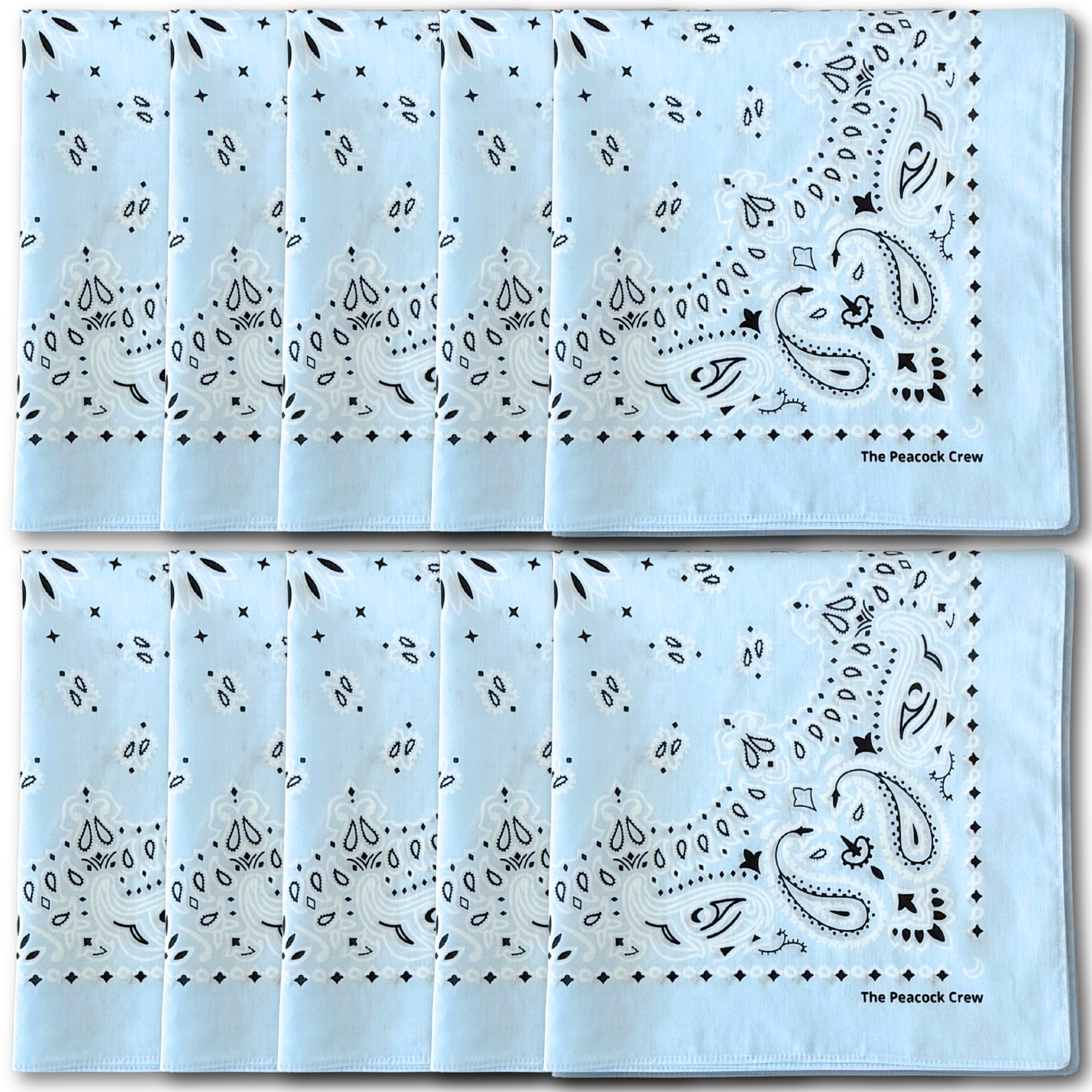 The Peacock Crew sky blue bandana with paisley pattern, ideal for outdoor events.